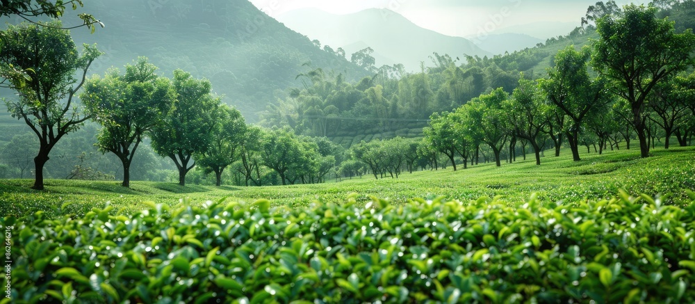 Poster springtime brings about lush green tea trees providing a serene backdrop with ample copy space image