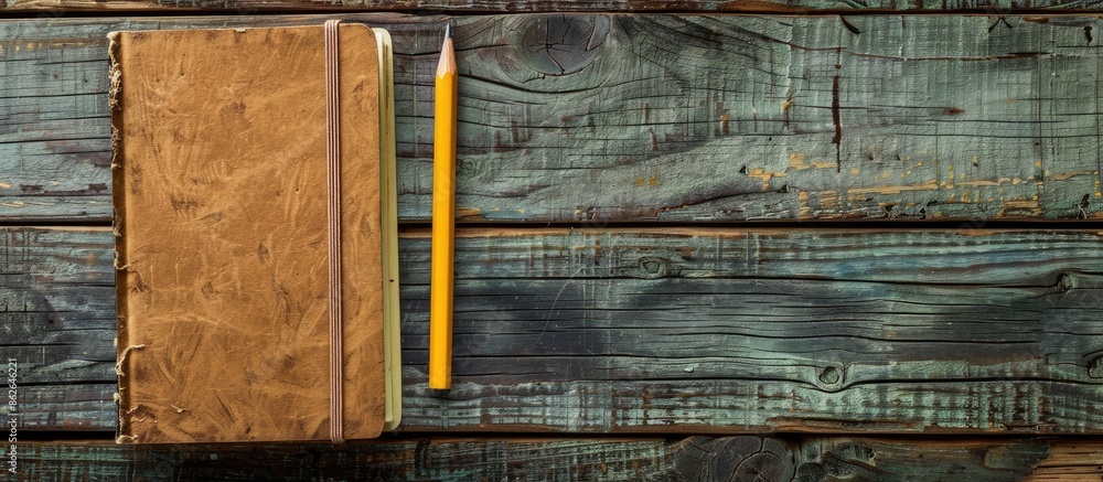 Aufkleber a brown notebook and pencil placed on a wooden desk, creating a serene copy space image.