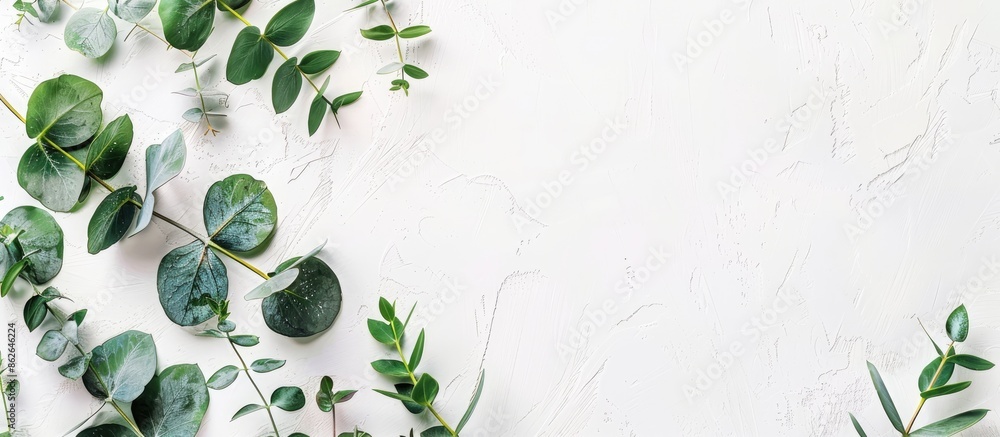 Aufkleber Eucalyptus branches on a white backdrop for aromatherapy, creating a beautiful bouquet with a place for text, copy space image.