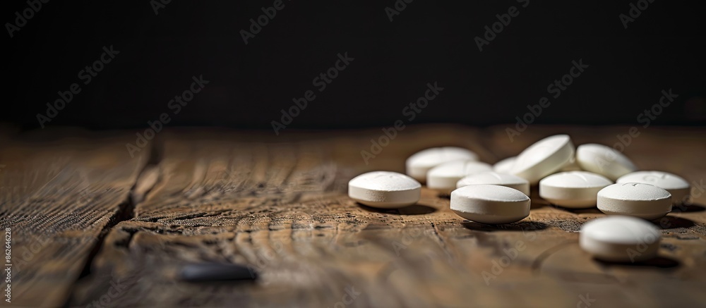 Poster white medical tablets displayed on a wooden table with a black background, suitable for copy space i