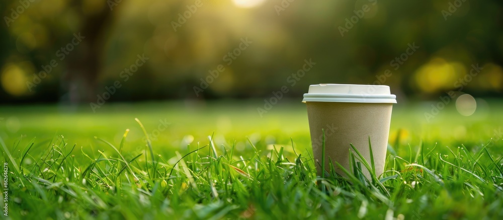 Aufkleber Empty paper cup outdoors, with room for text in the image. Copy space image. Place for adding text and design