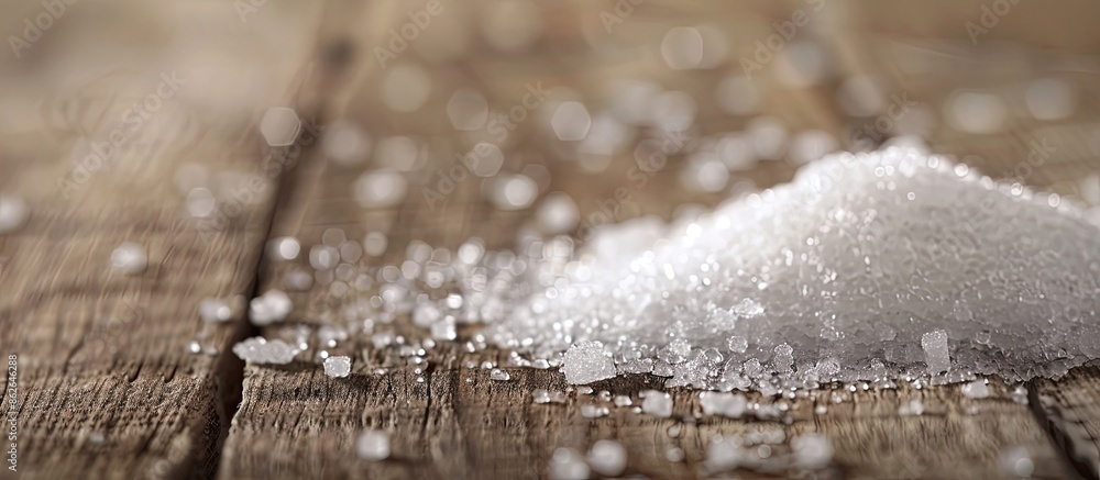 Poster A close-up view of white sugar on a wooden table with selective focus and a designated area for additional images or text is available.