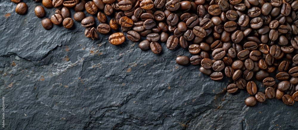 Poster flatlay view of coffee beans arranged on a black stone background with copy space image.