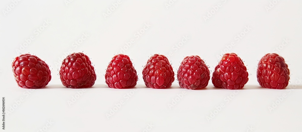 Poster a row of raspberries showcased on a white backdrop with copy space image.
