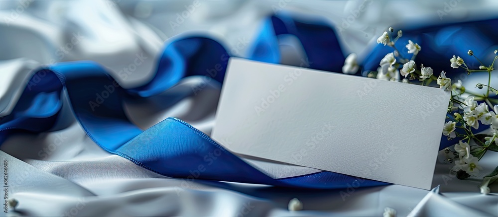 Fototapete A blue satin ribbon and a card are displayed on a bright surface with an area available for inserting an image. Copy space image. Place for adding text and design