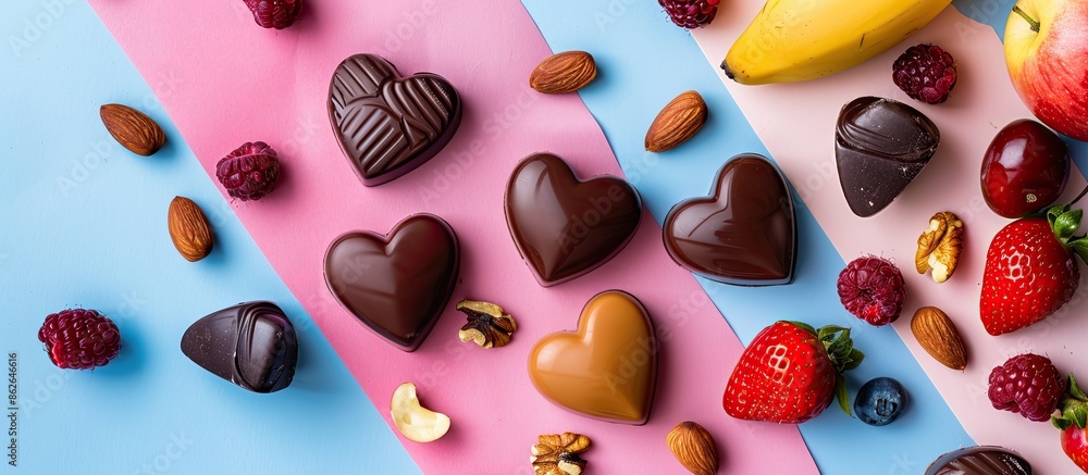 Poster heart-shaped chocolate sweets with fruits and nuts displayed on a colorful backdrop in a top-down vi