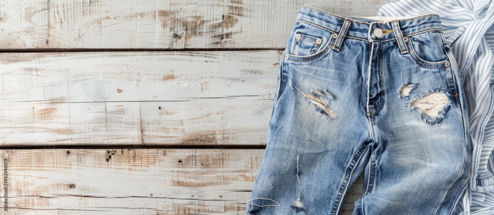 Poster denim pants displayed against a bleached wood backdrop with copy space image.