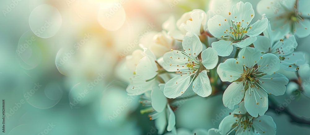 Aufkleber close-up photo of white cherry flowers with a small depth of field, perfect for a copy space image i