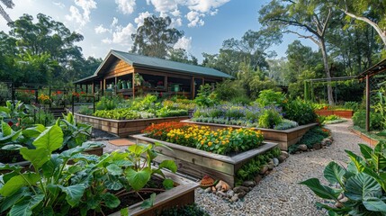 Obraz premium A serene garden with raised vegetable beds, surrounded by lush greenery and a cozy cabin, under a clear blue sky.