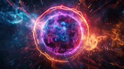Neon Energy Sphere Surrounded by Dynamic Particles