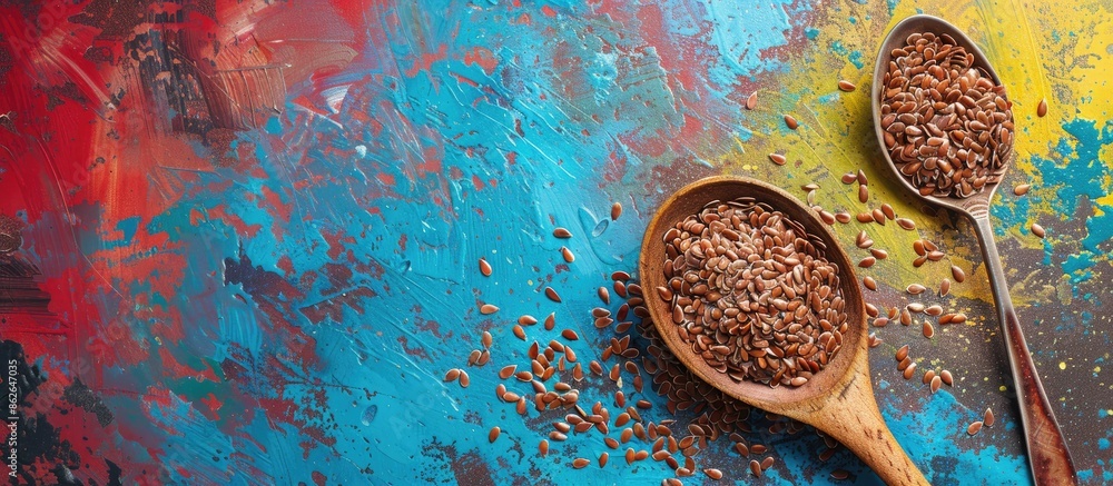 Poster flax seeds on a tray beside a spoon on a colorful background with copy space image.