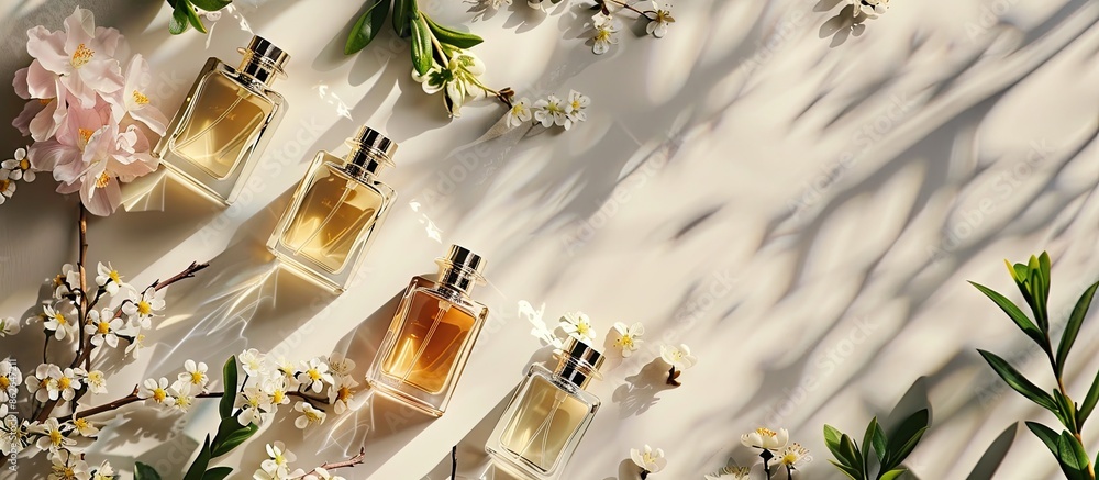 Poster Elegant perfumes displayed on a spring-themed backdrop in an aerial view with copy space image.