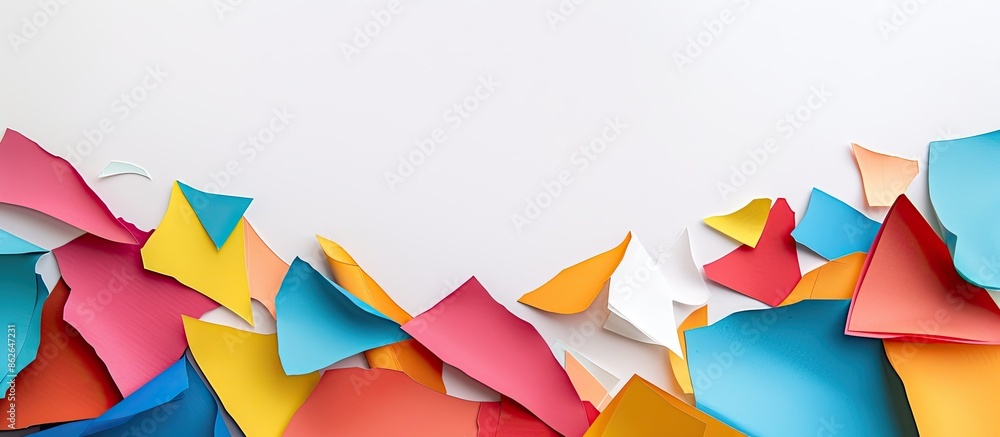 Fototapete Colorful paper pieces set against a white backdrop with empty space for text or images. Copy space image. Place for adding text and design