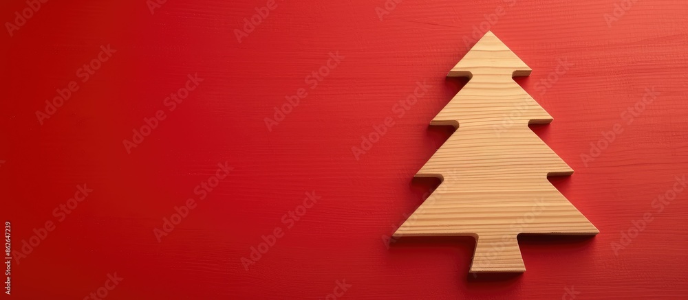 Poster wooden christmas tree decoration on a red backdrop with room for additional images or text.