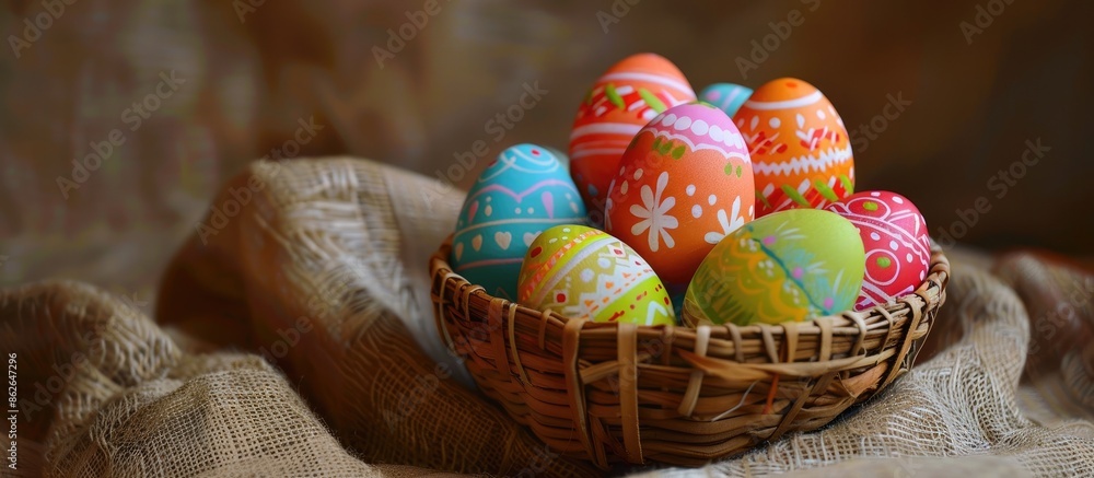 Aufkleber Colorful Easter eggs in a basket on fabric with room for text in the image. Copy space image. Place for adding text and design