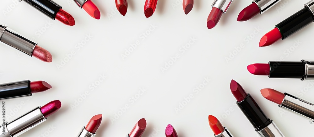 Poster A circle of lipsticks displayed from above on a white background with copy space image.