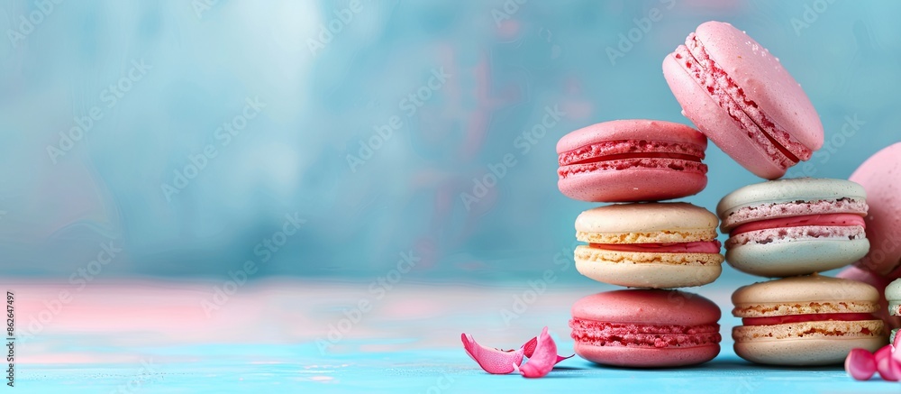 Poster a close-up of pyramid-shaped colorful french macarons on a blue table with an abstract bright pastel