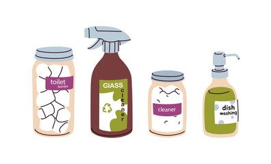 Cleaning products, detergents and cleaners in spray bottle, jar. Organic eco household supplies for housekeeping, washing. Green cleanser set. Flat vector illustration isolated on white background