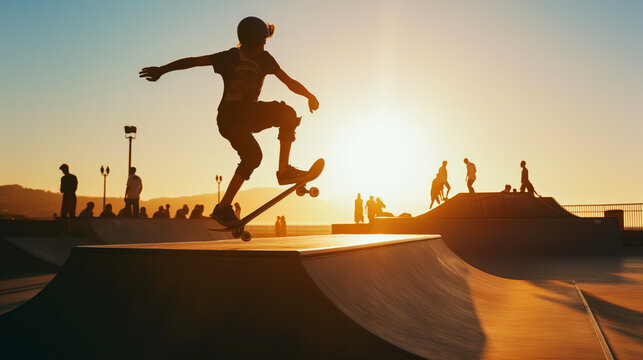 Energetic teen skateboarder performing a trick at a skatepark during sunset hours.