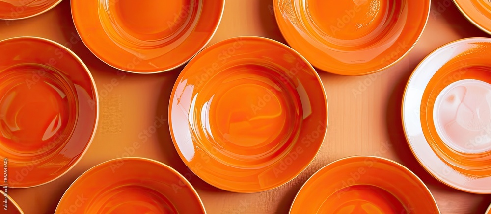 Fototapete An arrangement of orange plates on a blank backdrop with room for more images. Copy space image. Place for adding text and design