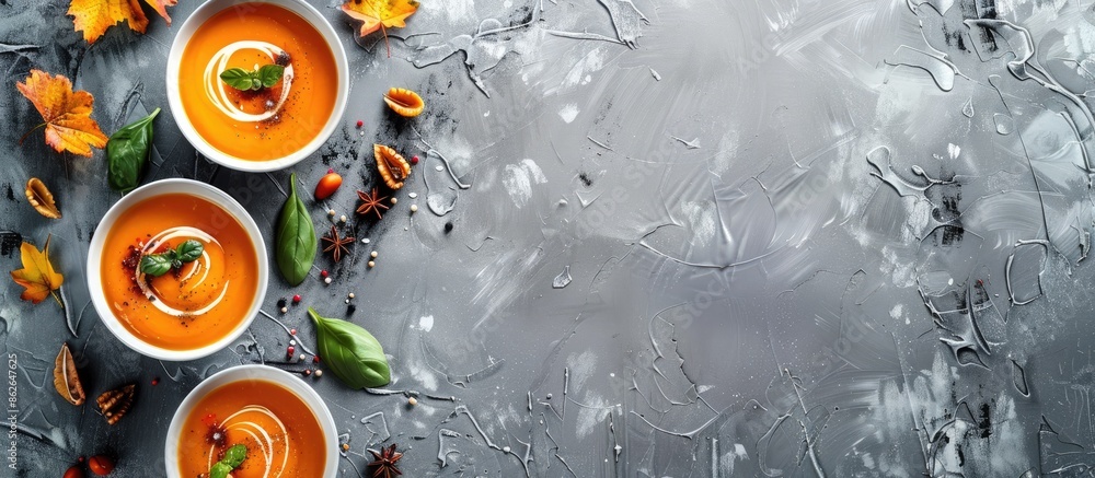 Aufkleber Vegetarian pumpkin soup puree in rustic style on a gray background with a top view, perfect for Thanksgiving Day with copy space image.