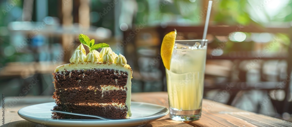 Poster a refreshing lemonade and a decadent slice of chocolate cake displayed on a cafe table with copy spa