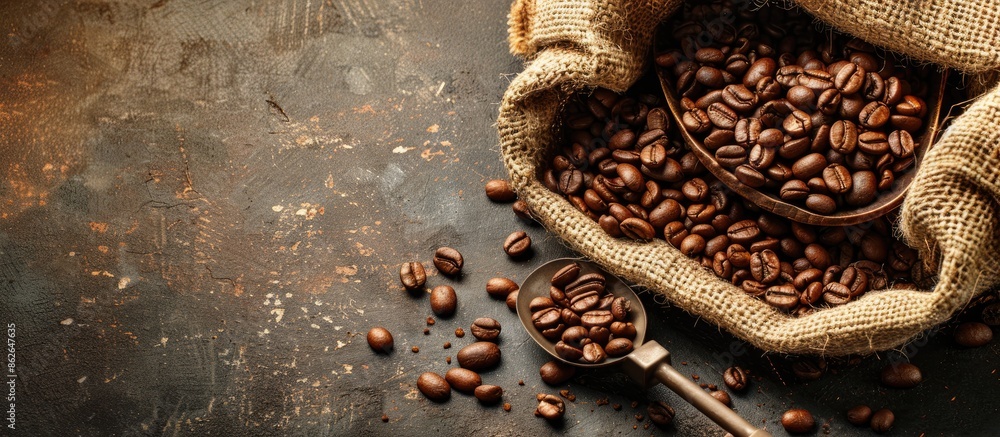 Poster burlap sack containing brown roasted coffee beans alongside a scoop with grains, presented in a rust