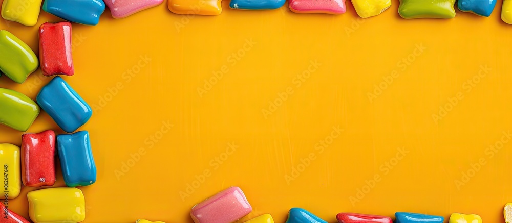 Poster various colored chewing gums displayed on a vibrant yellow backdrop with empty spaces for adding tex