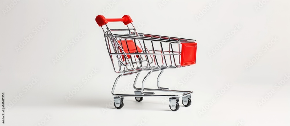 Poster Empty shopping trolley on white background with copy space image, symbolizing secure online shopping during quarantine.