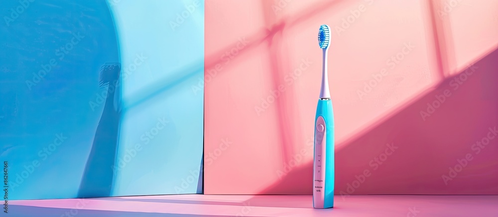 Poster Electric blue toothbrush displayed against a vibrant pink and blue geometric backdrop with empty space for text, illustrating an oral hygiene idea. Copy space image. Place for adding text and design