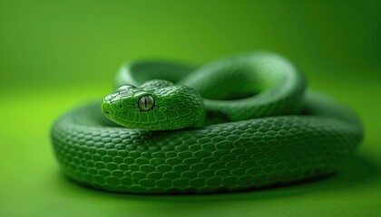 Obraz premium Coiled Green Snake with Piercing Eyes. Representation of the 2025 Year of the Snake in Chinese Calendar.