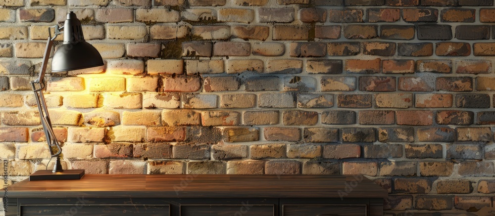 Poster contemporary lamp and drawer set on a brick backdrop with copy space image.