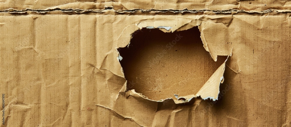 Poster cardboard box showing damage with a hole on the surface for a copy space image.
