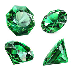 Set of green gemstones isolated on white and transparent background. cutout clipping path