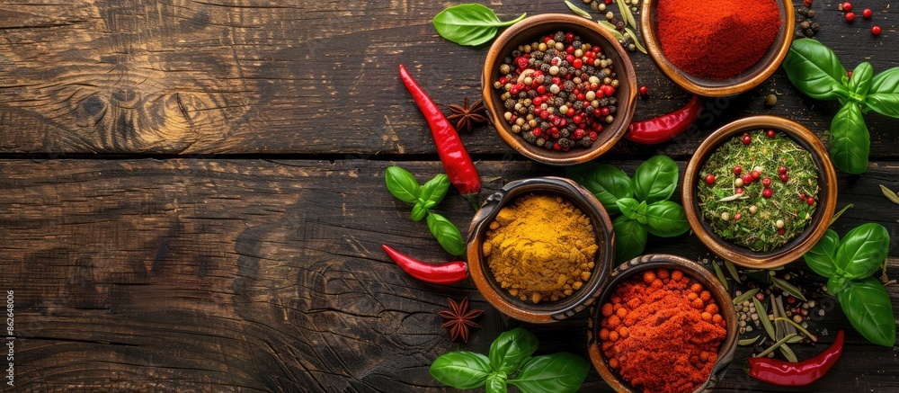 Poster colorful spices like basil, pepper, saffron, salt, paprika, and turmeric arranged in small bowls on 