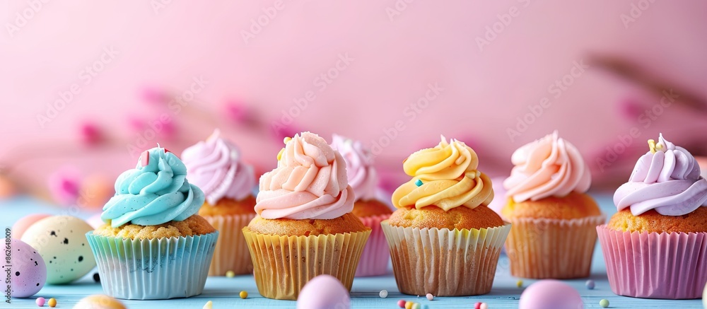 Poster colorful table with delicious easter cupcakes adorned with eggs, ideal for a festive copy space imag