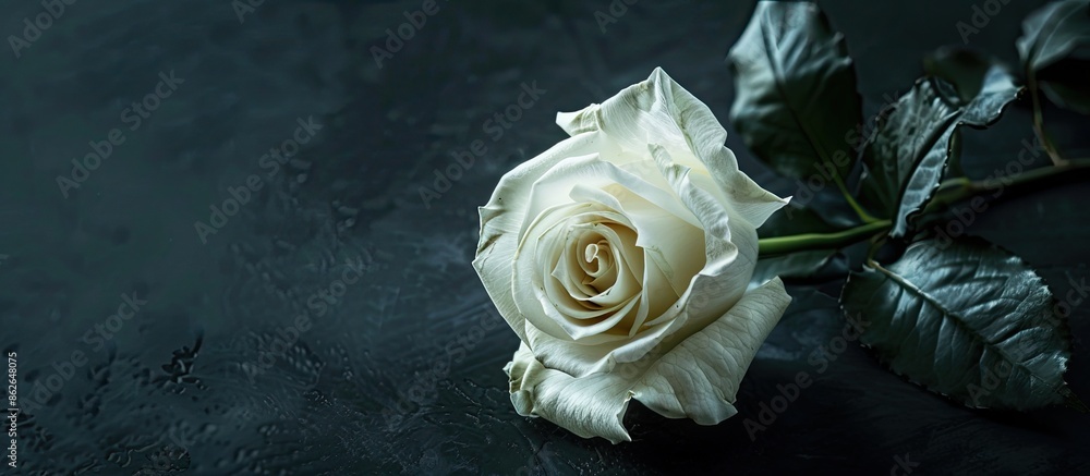 Poster bright macro image featuring a single white rose isolated on black background with detailed texture 