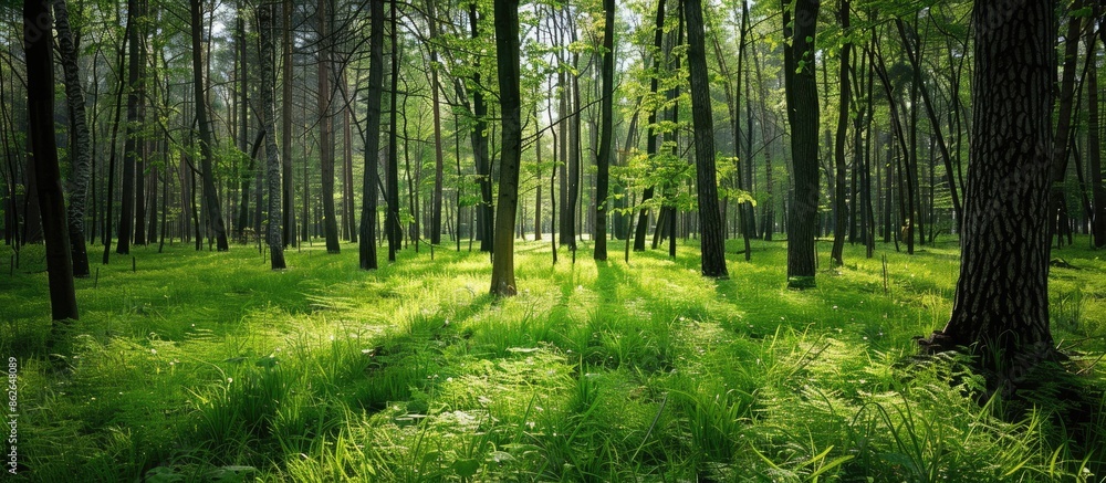 Poster lush green trees in a woodland setting during springtime with copy space image.