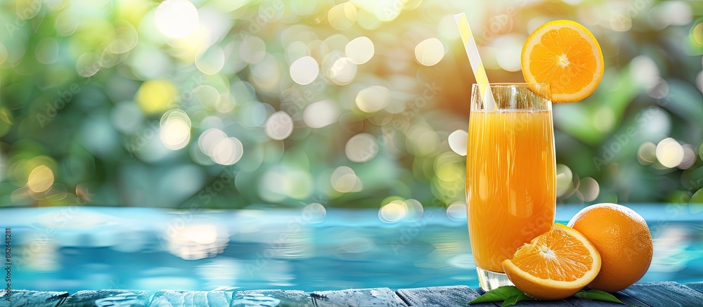 Sticker summertime vibes with a refreshing orange juice against a blurred pool backdrop. evokes summer vacat