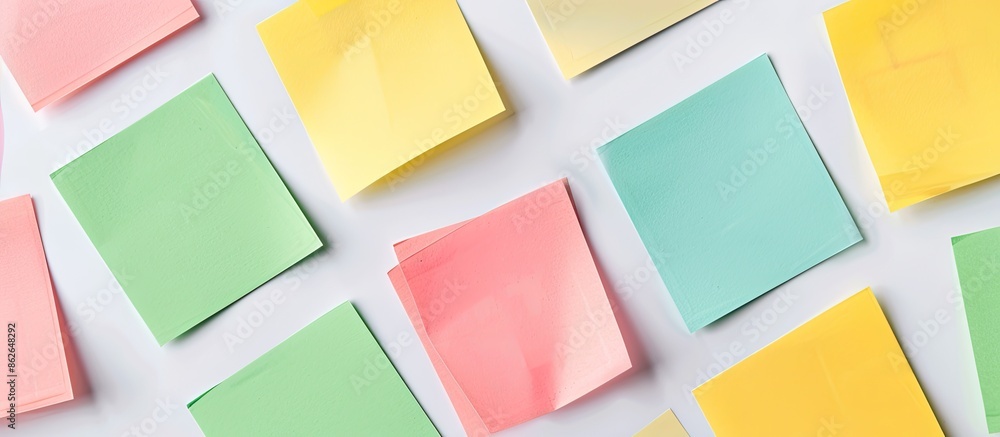 Aufkleber close-up of yellow, green, and pink sticky notes on a white background with a minimal back-to-school