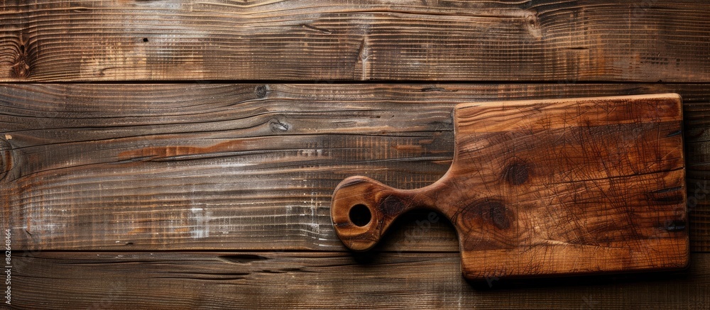 Leinwandbilder Wooden chopping board for slicing bread, pizza, or steak on a wooden surface with a space for text. Viewed from above. Copy space image. Place for adding text and design