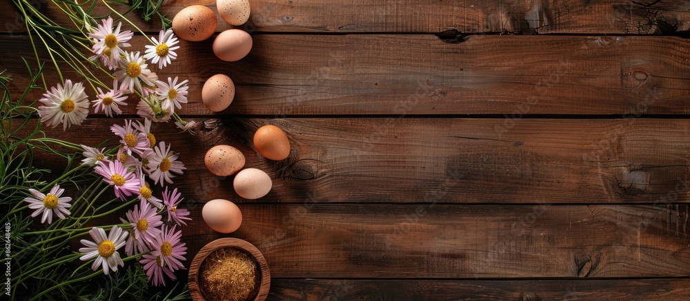 Aufkleber Top-down view of a wooden surface adorned with a beautiful array of eggs and a bouquet of flowers, perfect for a copy space image.