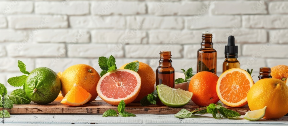 Poster Various essential oil bottles featuring a range of citrus fruits and mint, placed on a wooden surface with a white brick wall background, offering space for adding text to the image. Copy space image