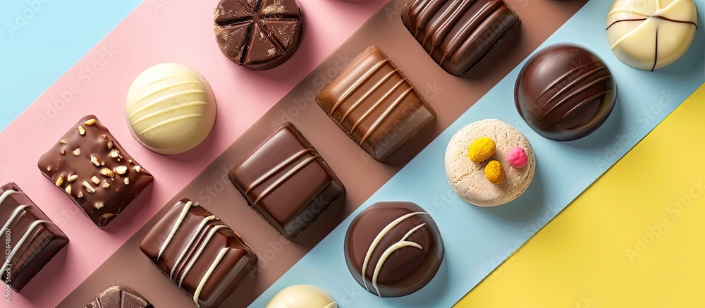 Poster top view of a variety of premium chocolates on a colorful background, emphasizing health and obesity