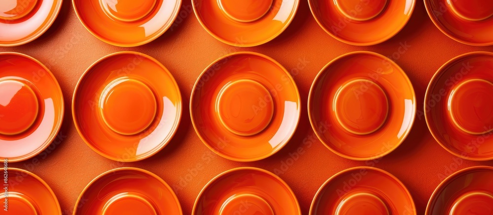 Poster An arrangement of orange plates on a blank backdrop with room for more images. Copy space image. Place for adding text and design