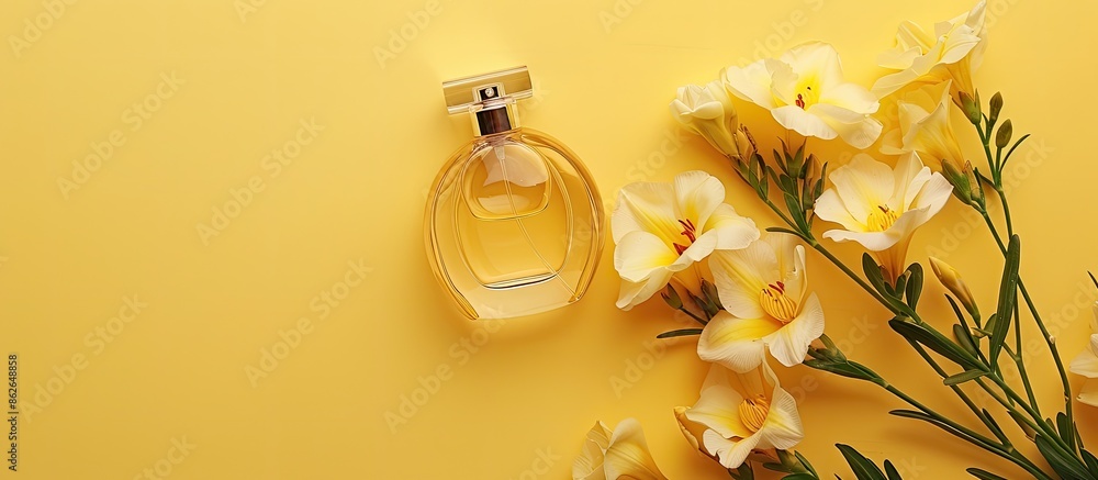 Poster flat lay composition featuring a perfume bottle and freesia flowers on a yellow background, with a d