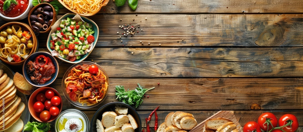 Aufkleber top-down view of food table with ample copy space image.