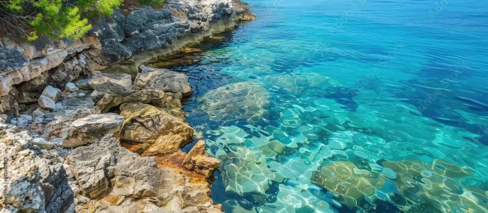 Leinwandbilder Close-up view of a rocky shore by the clear blue ocean with a background setting, suitable for text. Copy space image. Place for adding text and design