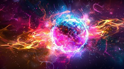 Neon Energy Sphere Surrounded by Dynamic Particles