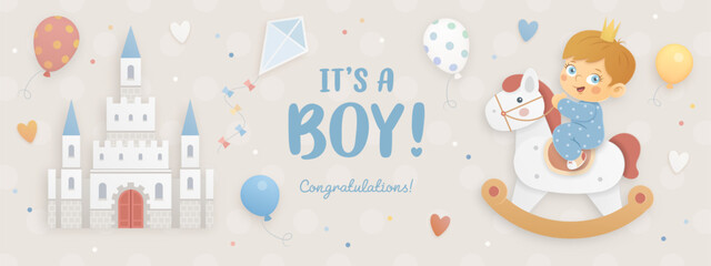 Baby shower horizontal vector poster, flyer, invitation, greeting card or web banner with cartoon 3d castle, baby boy, rocking horse and helium balloons on gray background. It's a boy